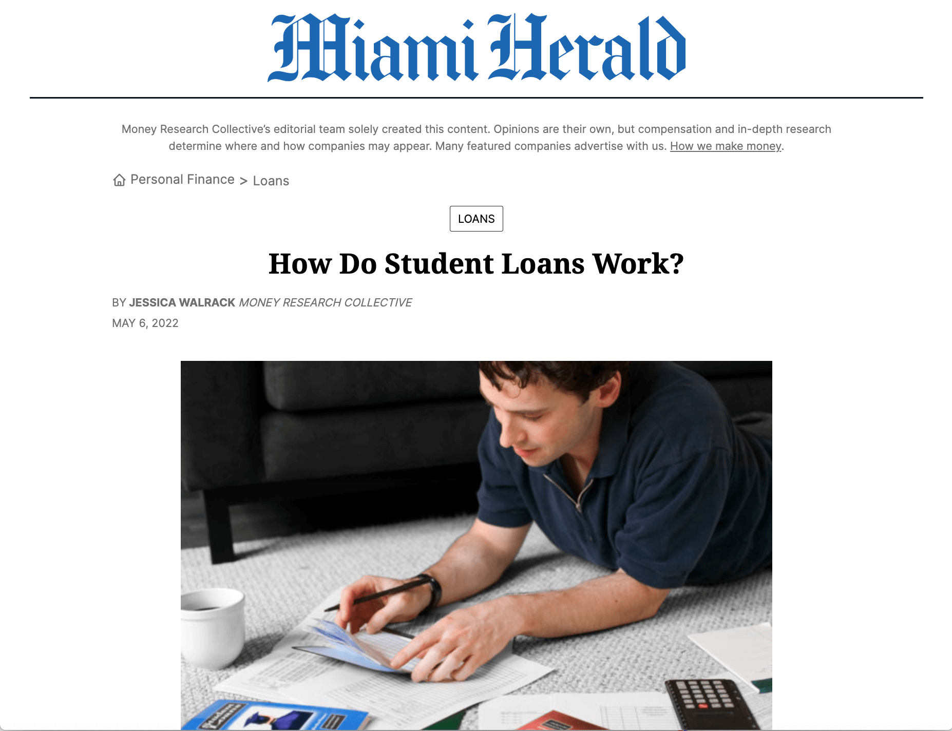 Miami Herald screenshot; Jessica Walrack writing byline "How Do Student Loans Work?"