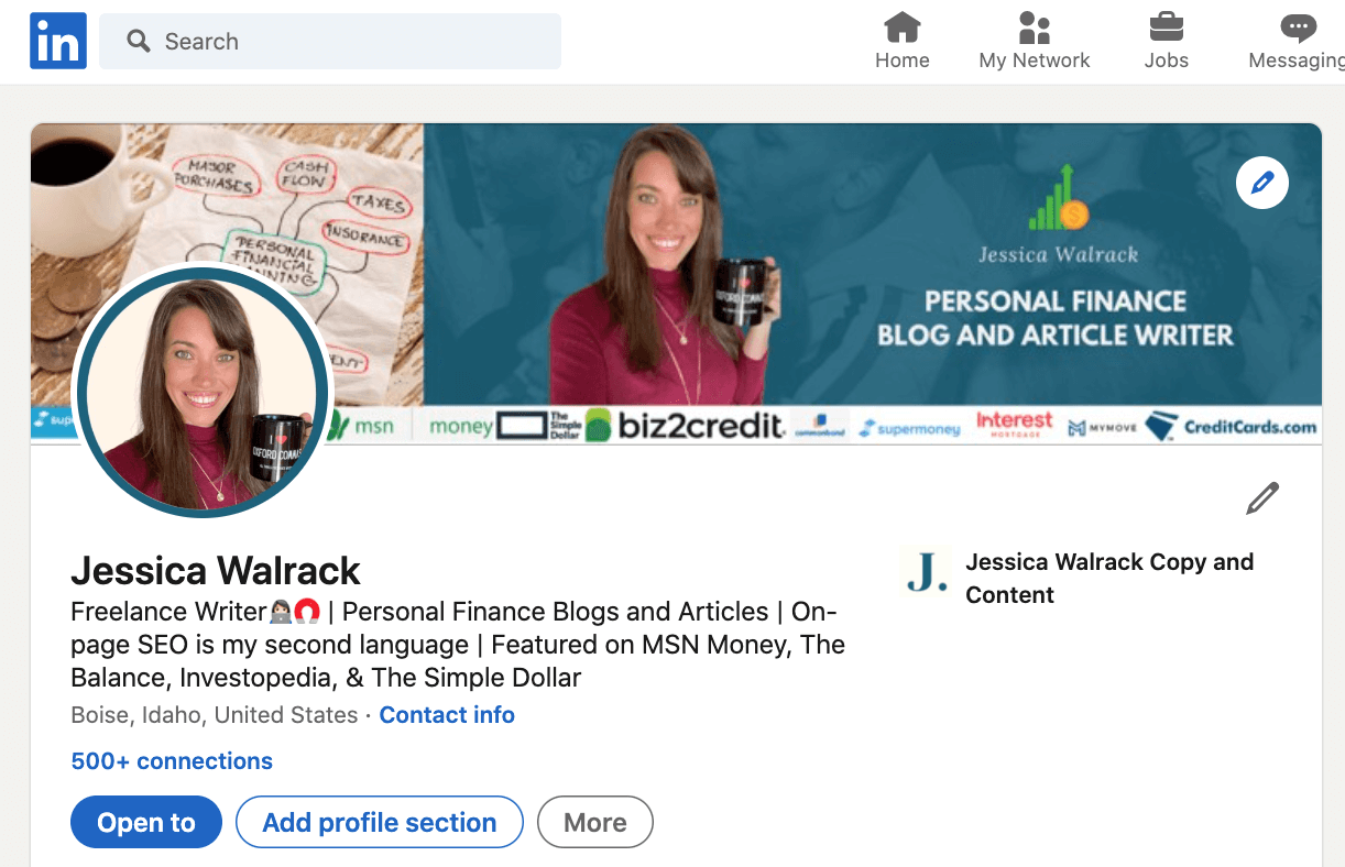 Jessica Walrack LinkedIn screenshot; "Freelance Writer | Personal Finance Blogs and Articles | On-page SEO is my second language"