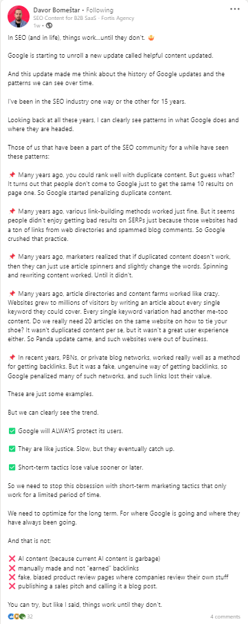 Davor Bomeštar LinkedIn post about Google's Helpful Content Update