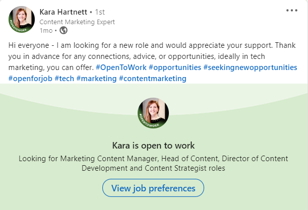 Kara Hartnett Open to Work