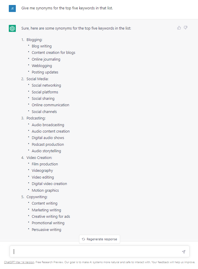 keyword synonym research example from ChatGPT