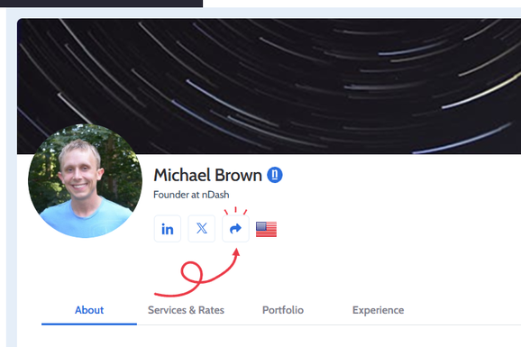 Share button on a freelancer profile, next to the social links and flag
